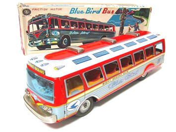 Vintage Tinplate Toy Blue Bird Bus For Sale